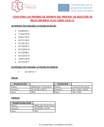 Pruebas Idiomas Selección Becas Erasmus + 2020-21