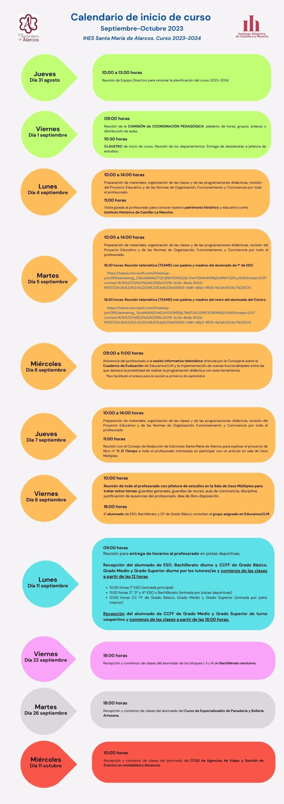 Calendario inicio de curso 2023-24