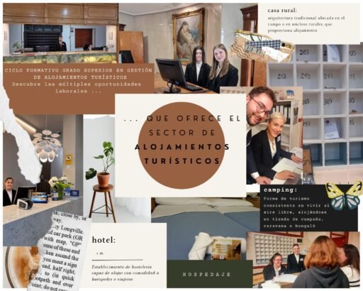 Esta imagen es un collage centrado en el sector del alojamiento turístico. Incluye múltiples fotografías de las recepciones de hoteles con personal, huéspedes y buzones de llaves. Se destacan diversos tipos de alojamiento turístico, como "casa rural", "hotel" y "camping", cada uno con una breve descripción. Se utilizan elementos decorativos como una mariposa, un café, una planta y efectos de papel rasgado. El texto central destaca el programa educativo "Ciclo Formativo Grado Superior en Gestión de Alojamientos Turísticos" e invita al espectador a descubrir diversas oportunidades laborales en el sector. No hay figuras, lugares emblemáticos ni marcas reconocibles.