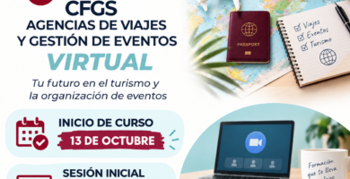 Cartel del CFGS de Agencias de Viajes y Gestión de Eventos en modalidad virtual del IHES Santa María de Alarcos: inicio de curso 13 de octubre y sesión informativa telemática el 20 de octubre a las 17:00 h