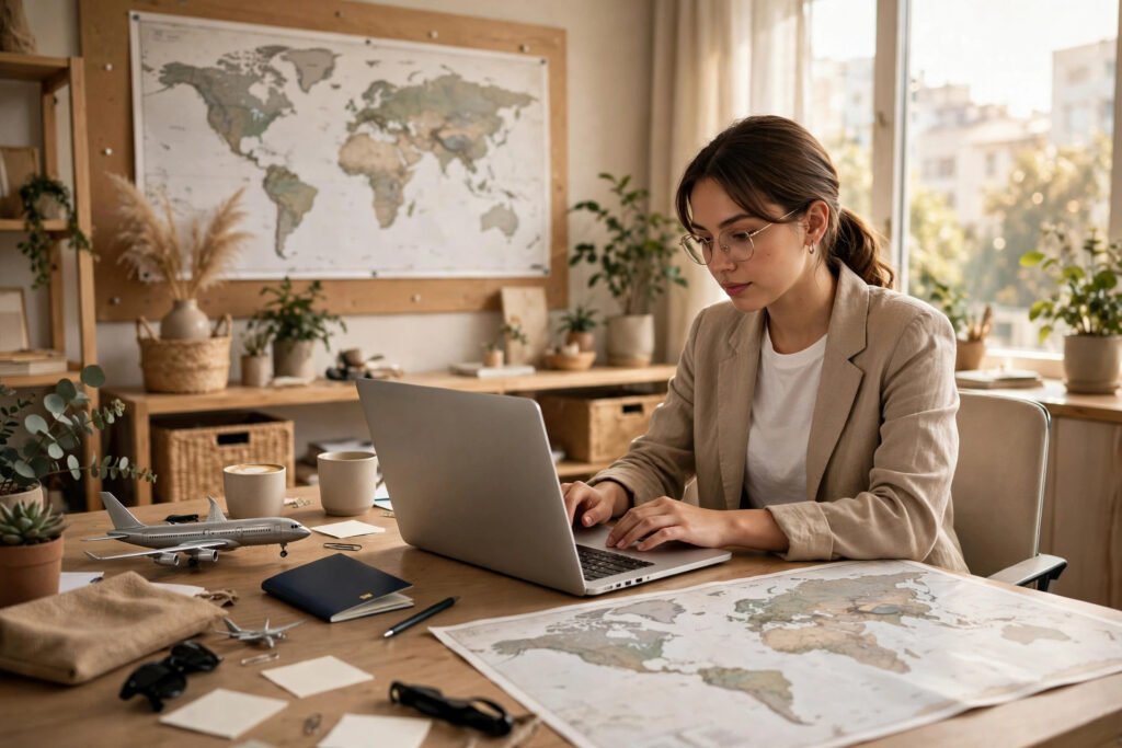 Profesional planificando un viaje en su ordenador port&aacute;til, con mapa del mundo y pasaporte: formaci&oacute;n virtual en turismo